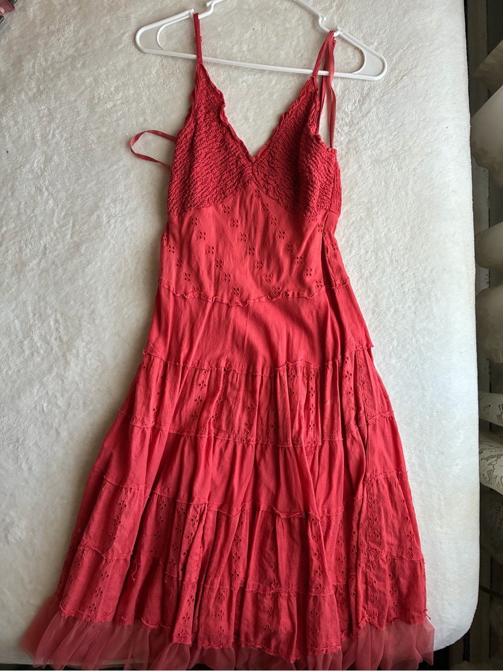 connected apparel Coral Red Smocked Eyelet Tiered Maxi Dress